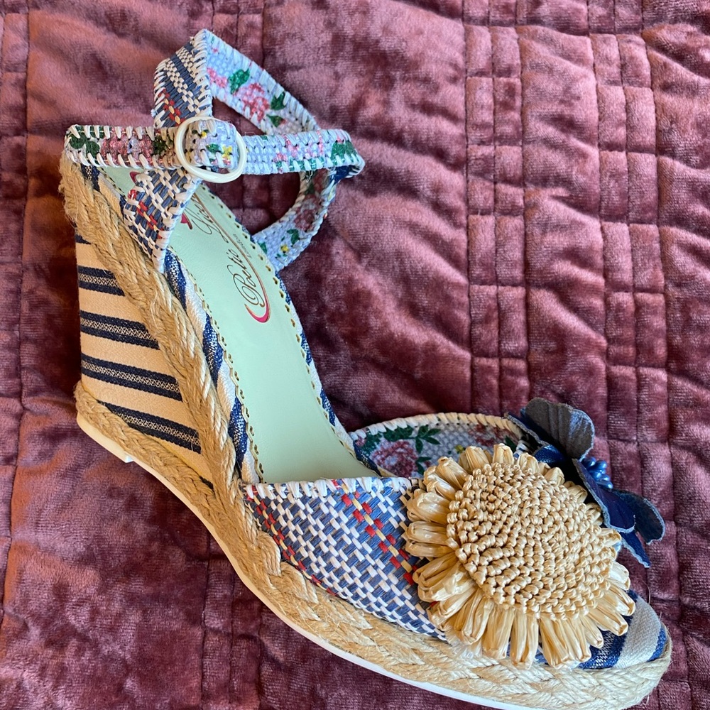Poetic License London More is More Blue Wedge Sandals Ankle Strap And Flowers